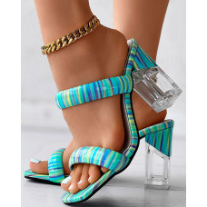 Abstract Print Double Strap Chunky Clear Heels Sandals - blue