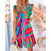 Abstract Print Flutter Sleeve Ruffles Casual Dress - Multicolor