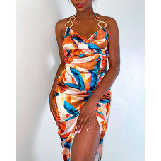 Abstract Print Halter O-Ring Detail Slit Ruched Dress - Multicolor