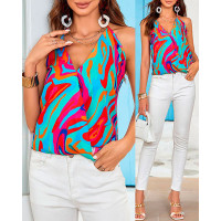 Abstract Print Halter Sleeveless Wrap Tank Top - Multicolor