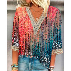 Abstract Print Lace Patch V-Neck Top - Multicolor