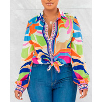 Abstract Print Lantern Sleeve Button Down Shirt - Multicolor