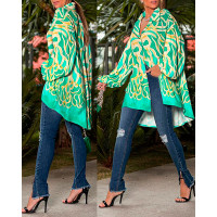 Abstract Print Lantern Sleeve Dip Hem Button Down Shirt - green