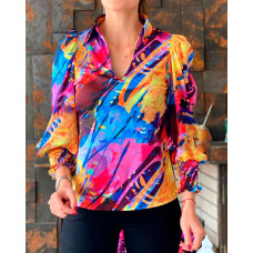 Abstract Print Lantern Sleeve Frill Hem Top - Multicolor