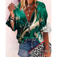 Abstract Print Lantern Sleeve Zipper Design Top - green