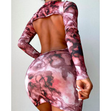 Abstract Print Long Sleeve Backless Bodycon Dress - brown