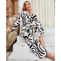 Abstract Print Long Sleeve Belted Jumpsuit - black