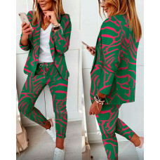 Abstract Print Long Sleeve Blazer & Pants Set - green