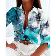 Abstract Print Long Sleeve Button Down Shirt - blue