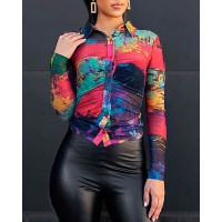 Abstract Print Long Sleeve Buttoned Top - Multicolor