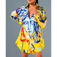 Abstract Print Long Sleeve Casual Shirt Dress - yellow