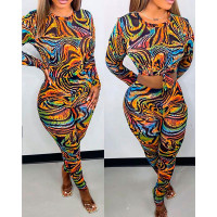 Abstract Print Long Sleeve Top & Pants Set - Multicolor