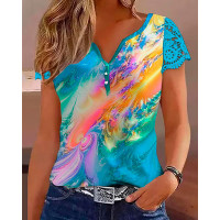 Abstract Print Notch Neck Lace Patch Top - Multicolor