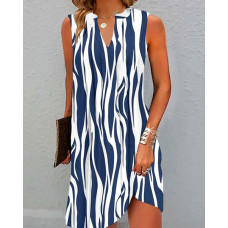 Abstract Print Notch Neck Ruched Casual Dress - blue