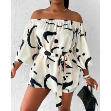 Abstract Print Off Shoulder Belted Top & Shorts Set - Apricot