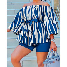 Abstract Print Off Shoulder Belted Top & Shorts Set - blue