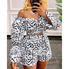 Abstract Print Off Shoulder Crop Top & Shorts Set - white