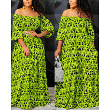 Abstract Print Off Shoulder Maxi Dress - green