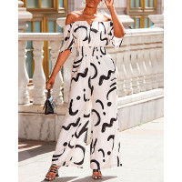 Abstract Print Off Shoulder Shirred Waist Jumpsuit - beige