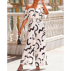 Abstract Print Off Shoulder Shirred Waist Jumpsuit - beige