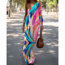 Abstract Print One Shoulder Maxi Dress - Multicolor