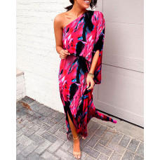 Abstract Print One shoulder Slit Dress - hot pink