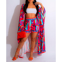 Abstract Print Open Front Longline Top & Shorts Set - Multicolor