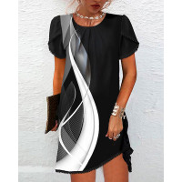 Abstract Print Petal Sleeve Ruched Casual Dress - blackwhite