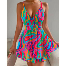 Abstract Print Plunge Backless Layered Dress - Multicolor