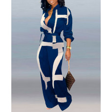 Abstract Print Pocket Decor Long Sleeve Jumpsuit With Belt - blue