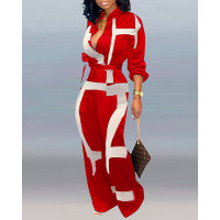 Abstract Print Pocket Decor Long Sleeve Jumpsuit With Belt - red