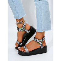 Abstract Print Round Toe Platform Sandals - black