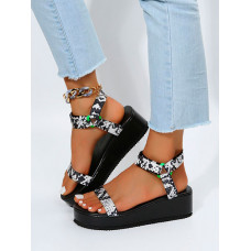 Abstract Print Round Toe Platform Sandals - black