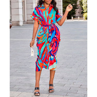 Abstract Print Ruched Button Down Shirt Dress - Multicolor