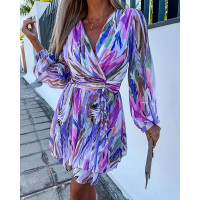 Abstract Print Ruffle Hem Chiffon Dress - purple