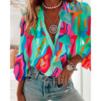 Abstract Print Ruffles Buttoned Long Sleeve Top - Multicolor