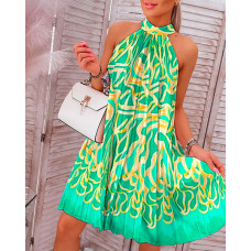 Abstract Print Sleeveless Pleated Casual Dress - green