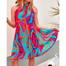 Abstract Print Sleeveless Pleated Casual Dress - Multicolor