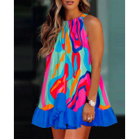 Abstract Print Sleeveless Ruffles Trim Swing Dress - Multicolor