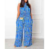 Abstract Print Sleeveless Wide Leg Jumpsuit - blue