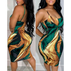 Abstract Print Spaghetti Strap Bodycon Dress - green