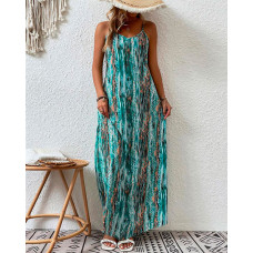 Abstract Print Spaghetti Strap Maxi Dress - blue