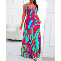 Abstract Print Spaghetti Strap Maxi Dress - Multicolor