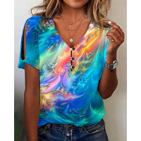 Abstract Print Split Sleeve Casual T-shirt - Multicolor