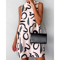 Abstract Print Stand Collar Casual Dress - beige