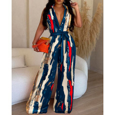 Abstract Print Striped Buttoned Wide Leg Jumpsuit - Multicolor