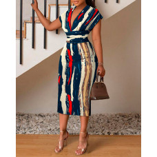 Abstract Print Striped Cap Sleeve Midi Dress - Multicolor