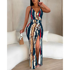 Abstract Print Striped High Slit Drawstring Maxi Dress - Multicolor