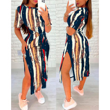 Abstract Print Striped Ombre Knotted Casual Dress - Multicolor