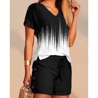 Abstract Print T-shirt & Drawstring Shorts Set - black